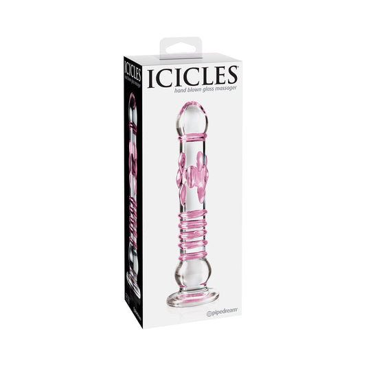 Pipedream Icicles No. 6 Textured 8.5 in. Glass Dildo Pink/Clear - Red Garter