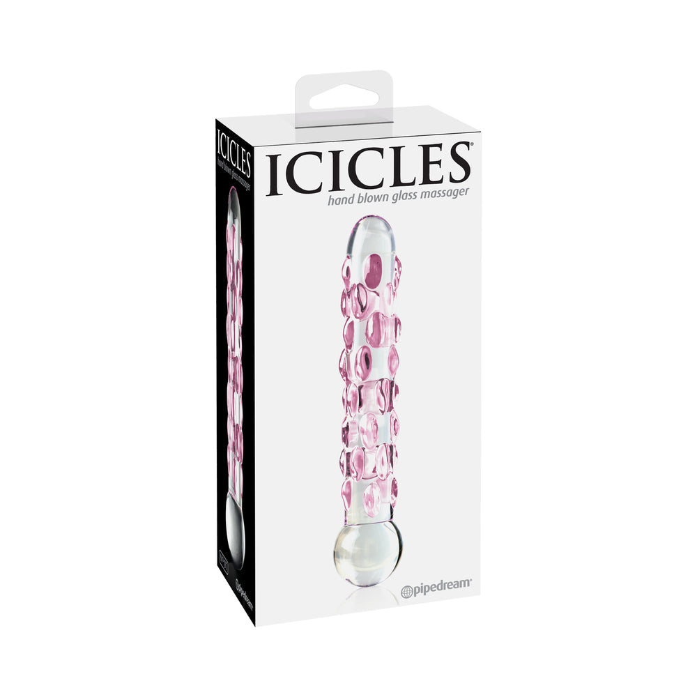 Pipedream Icicles No. 7 Textured 7 in. Glass Dildo Pink/Clear - Red Garter