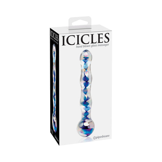 Pipedream Icicles No. 8 Wavy 7 in. Glass Dildo Blue/Clear - Red Garter