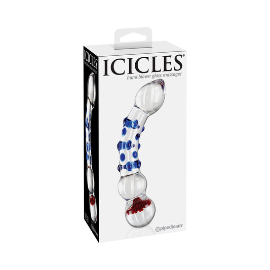 Pipedream Icicles No. 18 Curved Textured 7.5 in. Glass Dildo Blue/Red/Clear - Red Garter