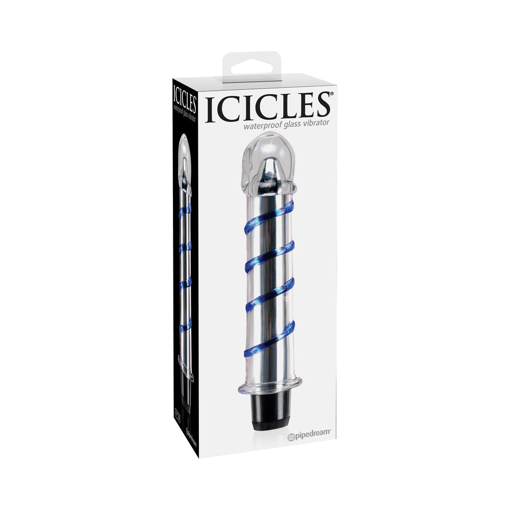 Pipedream Icicles No. 20 Ribbed Vibrating 7.5 in. Glass Dildo Blue/Clear - Red Garter