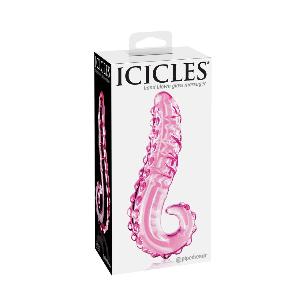 Pipedream Icicles No. 24 Curved Textured 6 in. Glass Dildo With Handle Pink - Red Garter