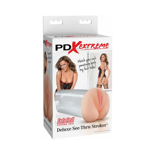 PDX Deluxe See-Thru Vaginal Stroker Beige/Clear - Red Garter