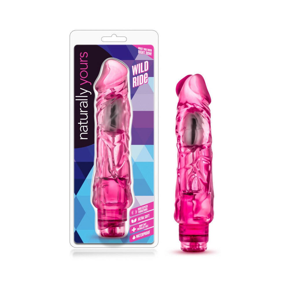 Naturally Yours Wild Ride Realistic 9 in. Vibrating Dildo Pink - Red Garter