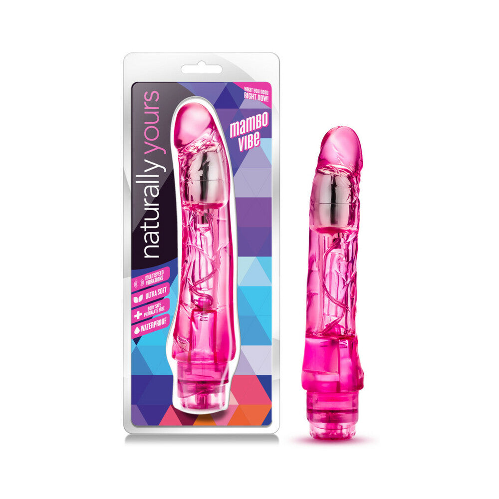 Naturally Yours Mambo Vibe Realistic 9 in. Vibrating Dildo Pink - Red Garter