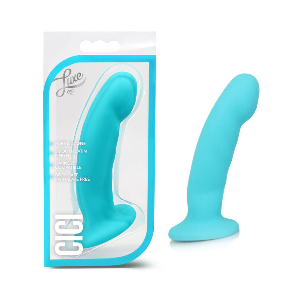 Luxe Cici 6.5 in. Curved Silicone Dildo Blue - Red Garter