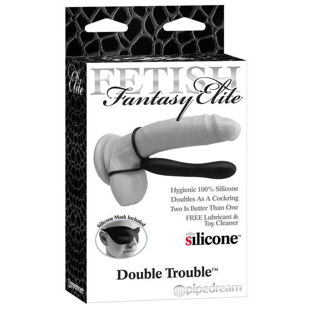 Pipedream Fetish Fantasy Elite Double Trouble 6 in. Silicone Dual-Entry Strap-On Dildo Black - Red Garter