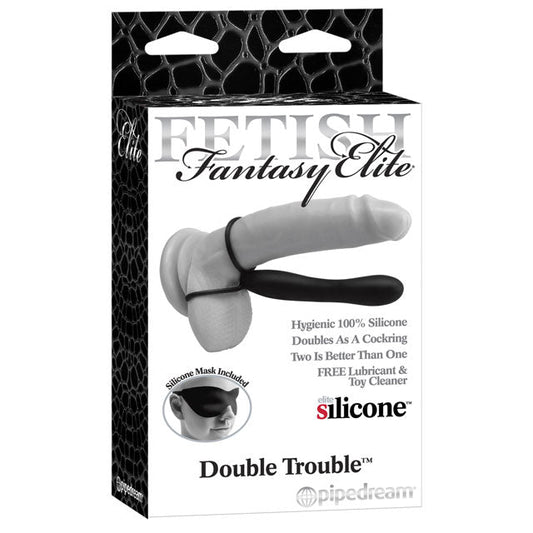 Pipedream Fetish Fantasy Elite Double Trouble 6 in. Silicone Dual-Entry Strap-On Dildo Black - Red Garter