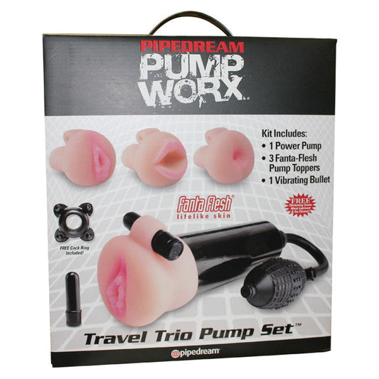 Pipedream Pump Worx 5-Piece Travel Trio Pump Set Beige/Black - Red Garter