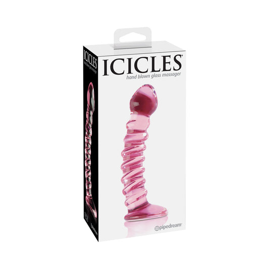 Pipedream Icicles No. 28 Curved Ribbed 7.25 in. Glass Dildo Pink - Red Garter