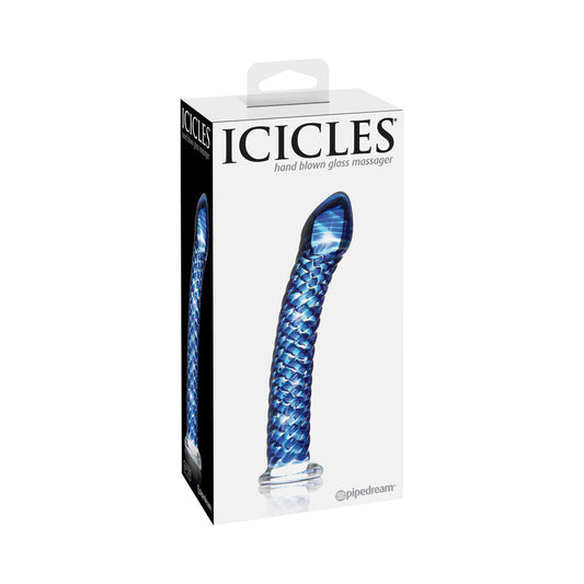 Pipedream Icicles No. 29 Curved Textured 7.25 in. Glass Dildo Blue - Red Garter