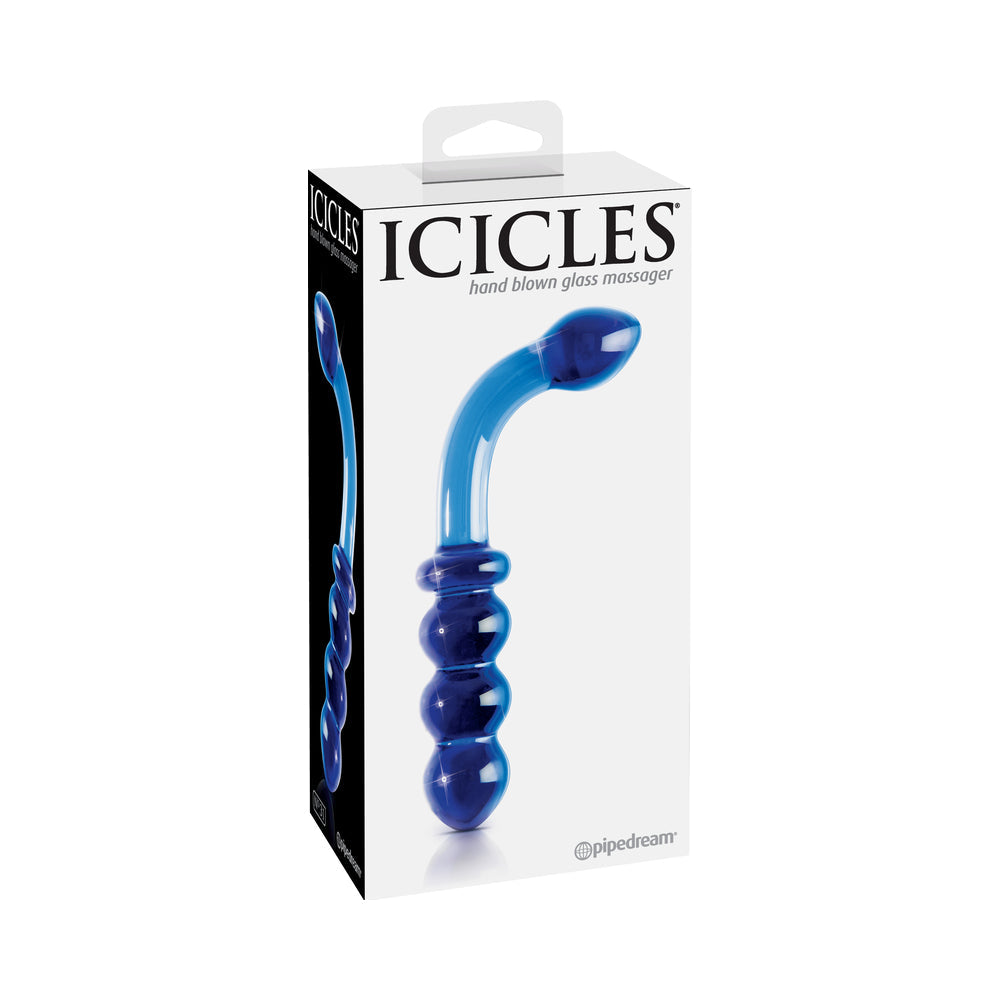 Pipedream Icicles No. 31 Curved Beaded 7.25 in. Dual-Ended Glass Dildo Blue - Red Garter