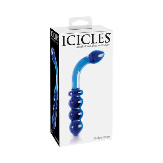 Pipedream Icicles No. 31 Curved Beaded 7.25 in. Dual-Ended Glass Dildo Blue - Red Garter
