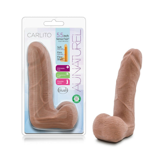 Au Naturel Carlito 5 in. Posable Dual Density Dildo with Balls Tan - Red Garter