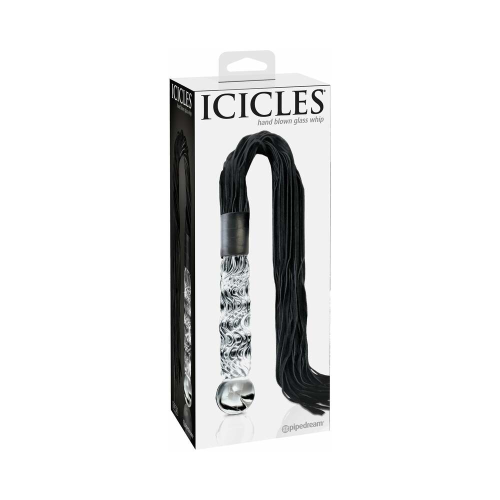 Icicles No. 38 Leather Flogger with Glass Handle Clear/Black - Red Garter