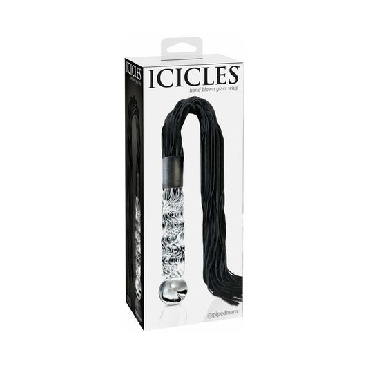 Icicles No. 38 Leather Flogger with Glass Handle Clear/Black - Red Garter