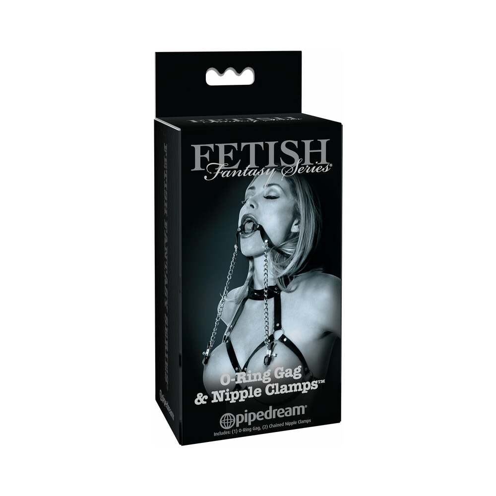 Pipedream Fetish Fantasy Series Limited Edition Adjustable O-Ring Gag & Nipple Clamps Black/Silver - Red Garter