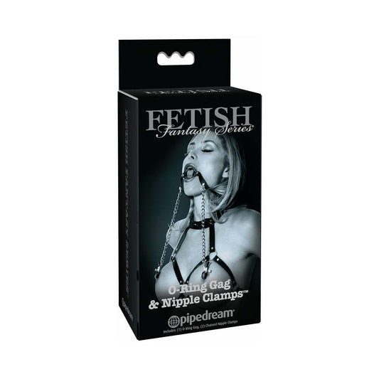 Pipedream Fetish Fantasy Series Limited Edition Adjustable O-Ring Gag & Nipple Clamps Black/Silver - Red Garter