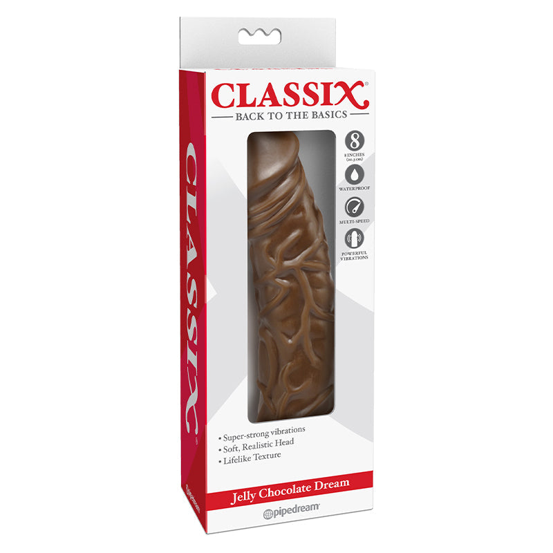 Pipedream Classix Jelly Chocolate Dream 8 in. Realistic Vibrating Dildo Brown - Red Garter