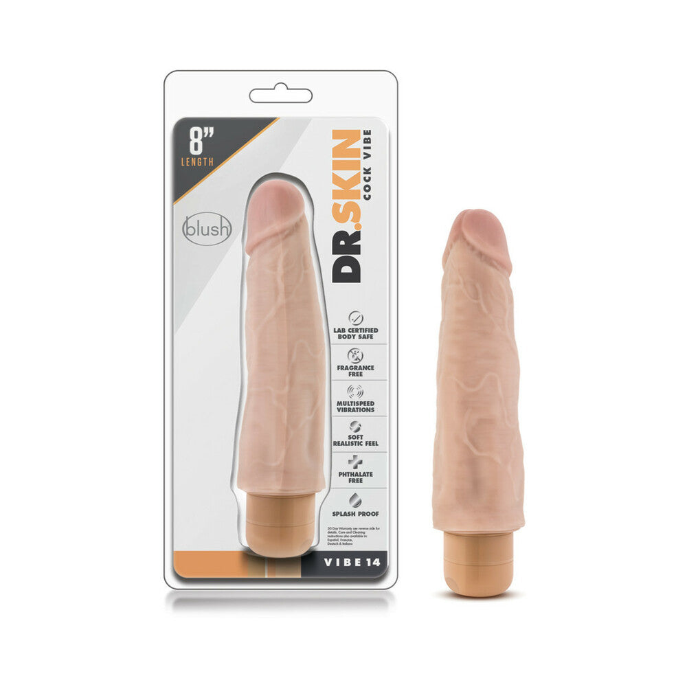 Dr. Skin Vibe 14 Realistic 8 in. Vibrating Dildo Beige - Red Garter