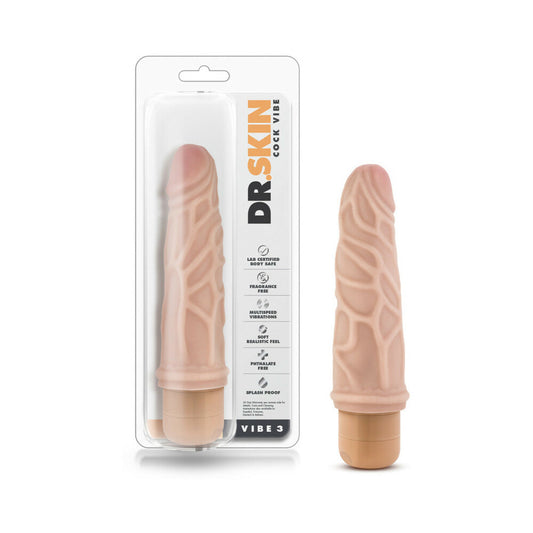 Dr. Skin Vibe 3 Realistic 7.25 in. Vibrating Dildo Beige - Red Garter