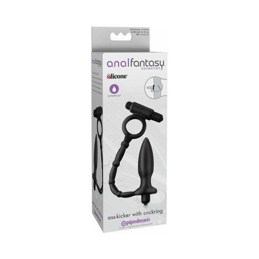 Pipedream Anal Fantasy Collection Vibrating Silicone Ass-Kicker With Cockring Black - Red Garter