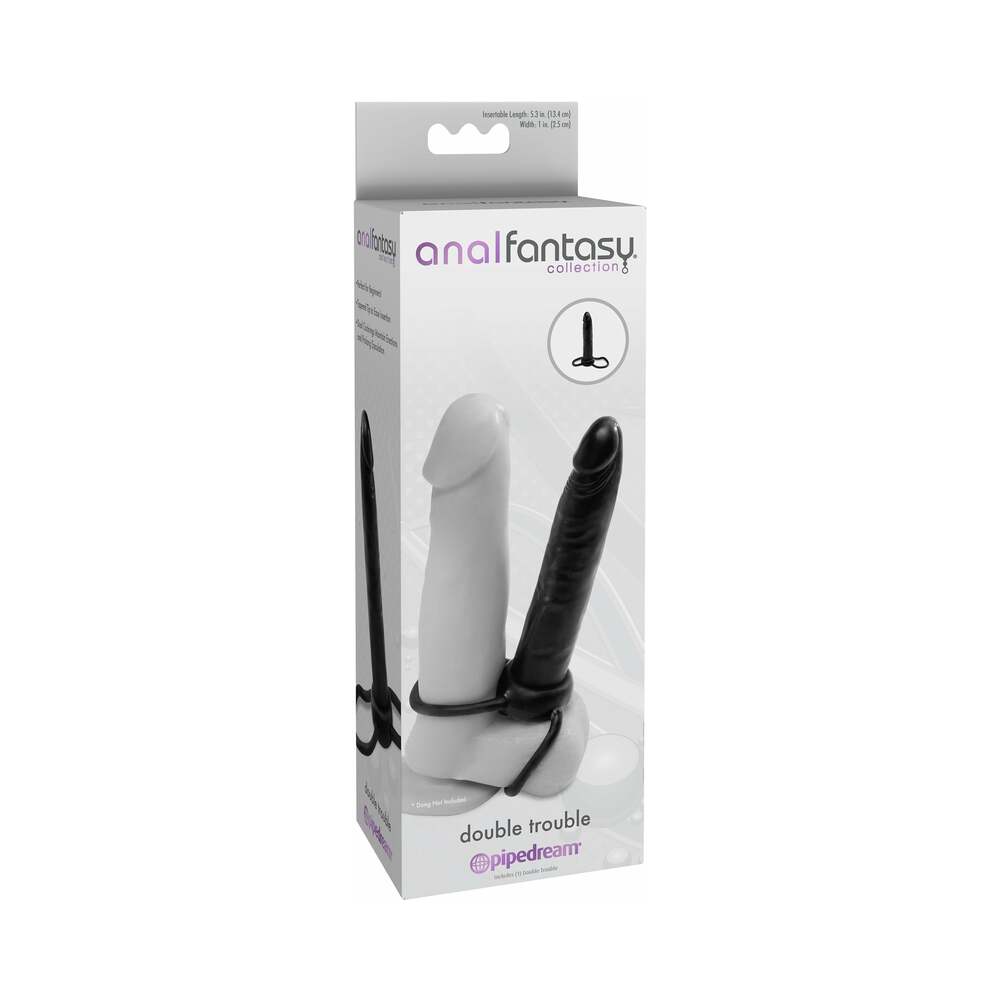 Pipedream Anal Fantasy Collection Double Trouble 6 in. Dual-Entry Strap-On Dildo Black - Red Garter