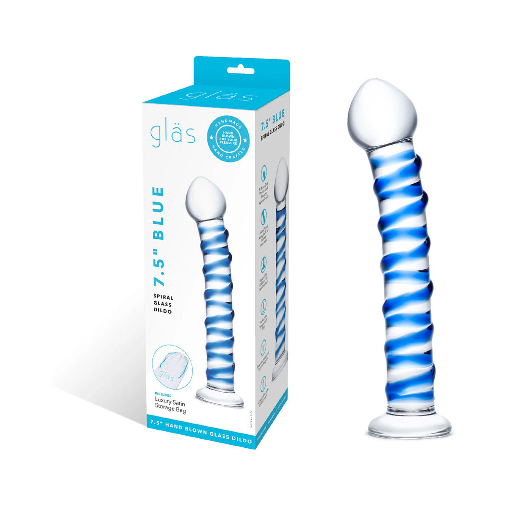 Glas 7.5 in. Blue Spiral Glass Dildo - Red Garter