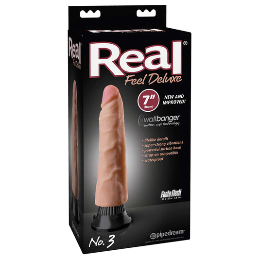 Pipedream Real Feel Deluxe No. 3 Realistic 7 in. Vibrating Dildo With Suction Cup Beige - Red Garter