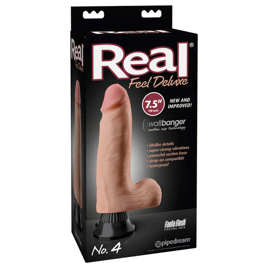 Pipedream Real Feel Deluxe No. 4 Realistic 7.5 in. Vibrating Dildo With Balls and Suction Cup Beige - Red Garter
