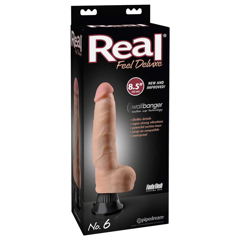 Pipedream Real Feel Deluxe No. 6 Realistic 8.5 in. Vibrating Dildo With Balls and Suction Cup Beige - Red Garter