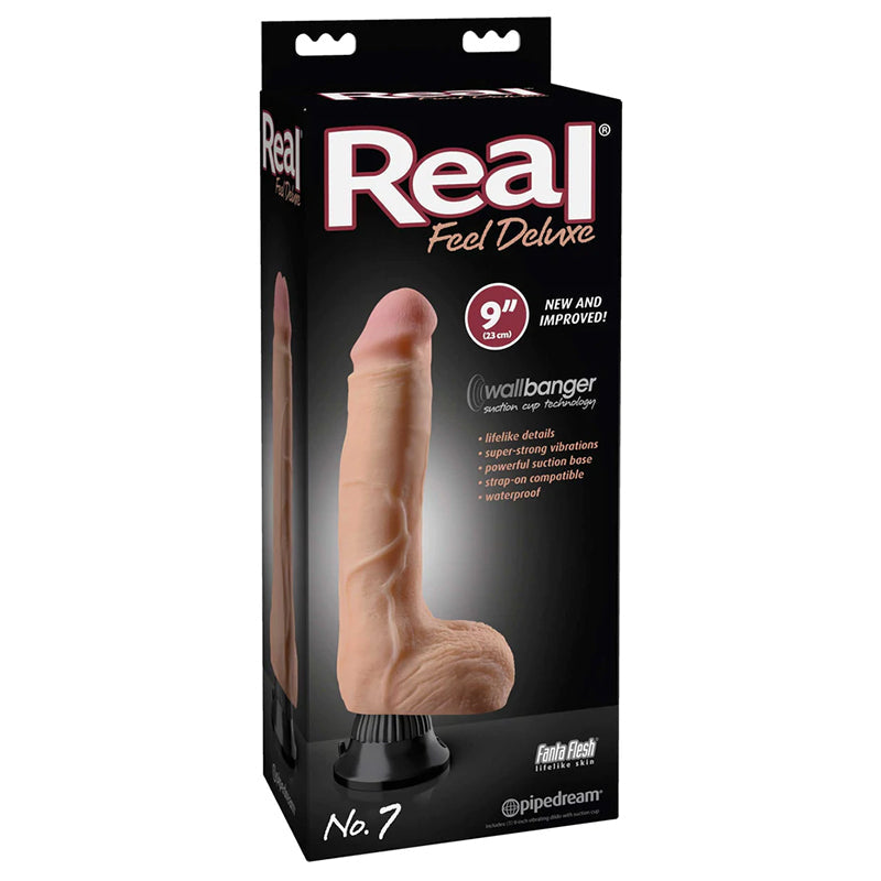 Pipedream Real Feel Deluxe No. 7 Realistic 9 in. Vibrating Dildo With Balls and Suction Cup Beige - Red Garter