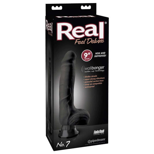 Pipedream Real Feel Deluxe No. 7 Realistic 9 in. Vibrating Dildo With Balls and Suction Cup Black - Red Garter