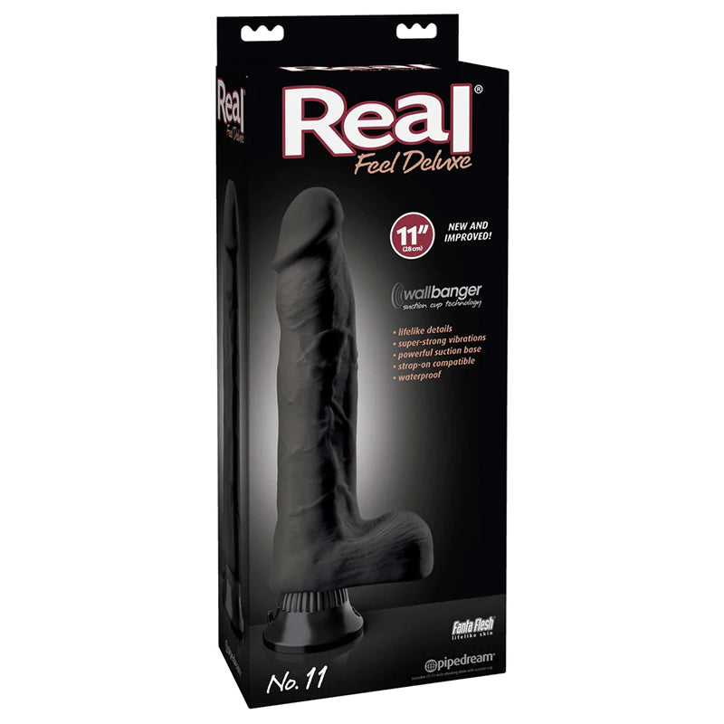 Pipedream Real Feel Deluxe No. 11 Realistic 11 in. Vibrating Dildo With Balls and Suction Cup Black - Red Garter