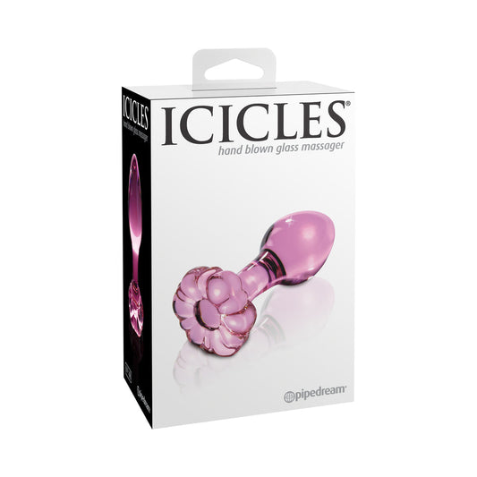 Pipedream Icicles No. 48 Glass 3.5 in. Anal Plug With Flower Base Pink - Red Garter