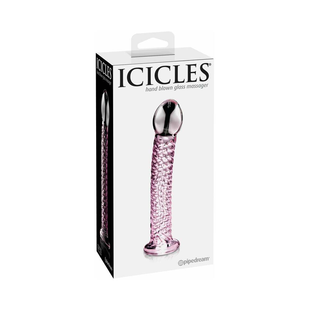 Pipedream Icicles No. 53 Curved Textured 7 in. Glass Dildo Pink - Red Garter