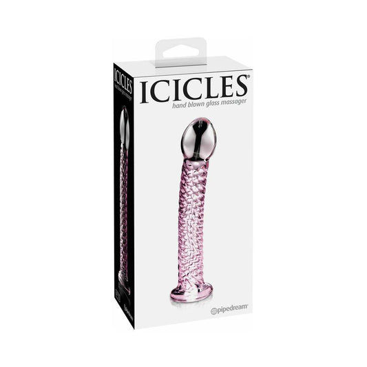 Pipedream Icicles No. 53 Curved Textured 7 in. Glass Dildo Pink - Red Garter