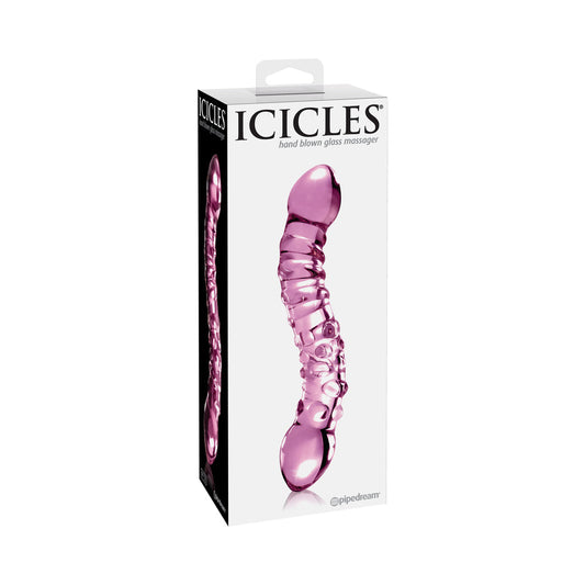 Pipedream Icicles No. 55 Curved Textured 7.75 in. Dual-Ended Glass Dildo Pink - Red Garter