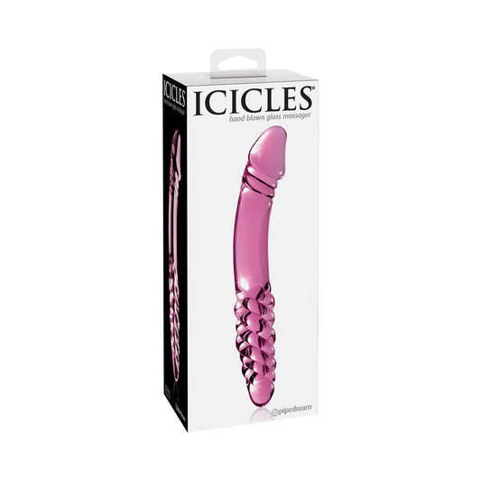 Pipedream Icicles No. 57 Curved Textured 9 in. Dual-Ended Glass Dildo Pink - Red Garter