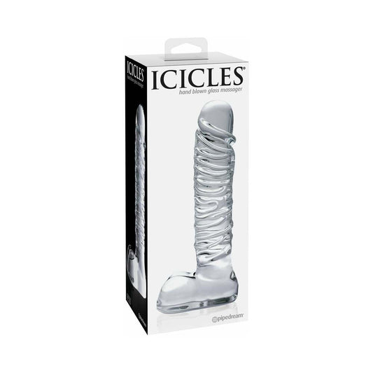 Pipedream Icicles No. 63 Ribbed Realistic 8.5 in. Glass Dildo Clear - Red Garter