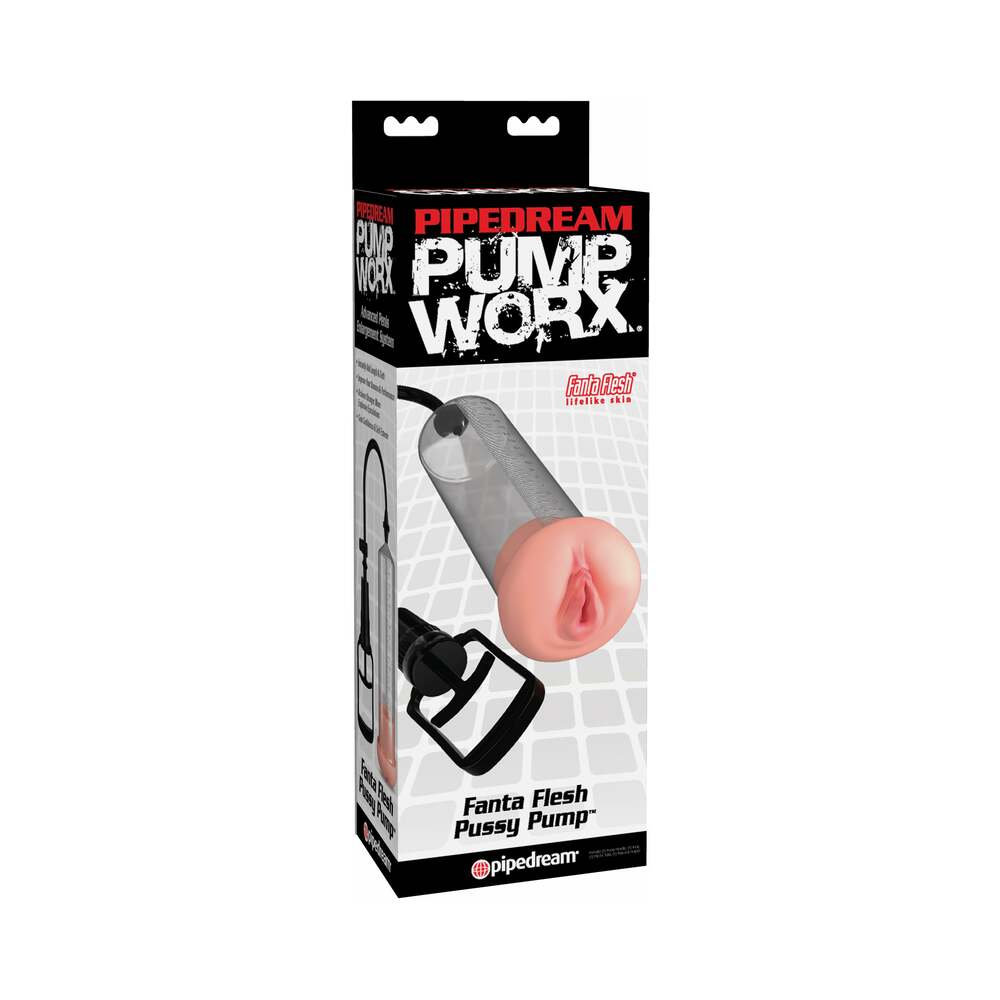 Pipedream Pump Worx Fanta Flesh Pussy Pump Beige/Clear - Red Garter