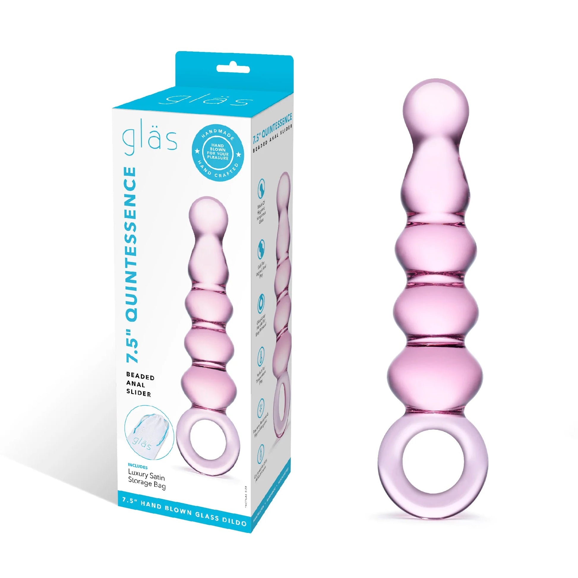 Glas 7.5 in. Quintessence Beaded Anal Slider Glass Dildo with Ring Handle - Red Garter