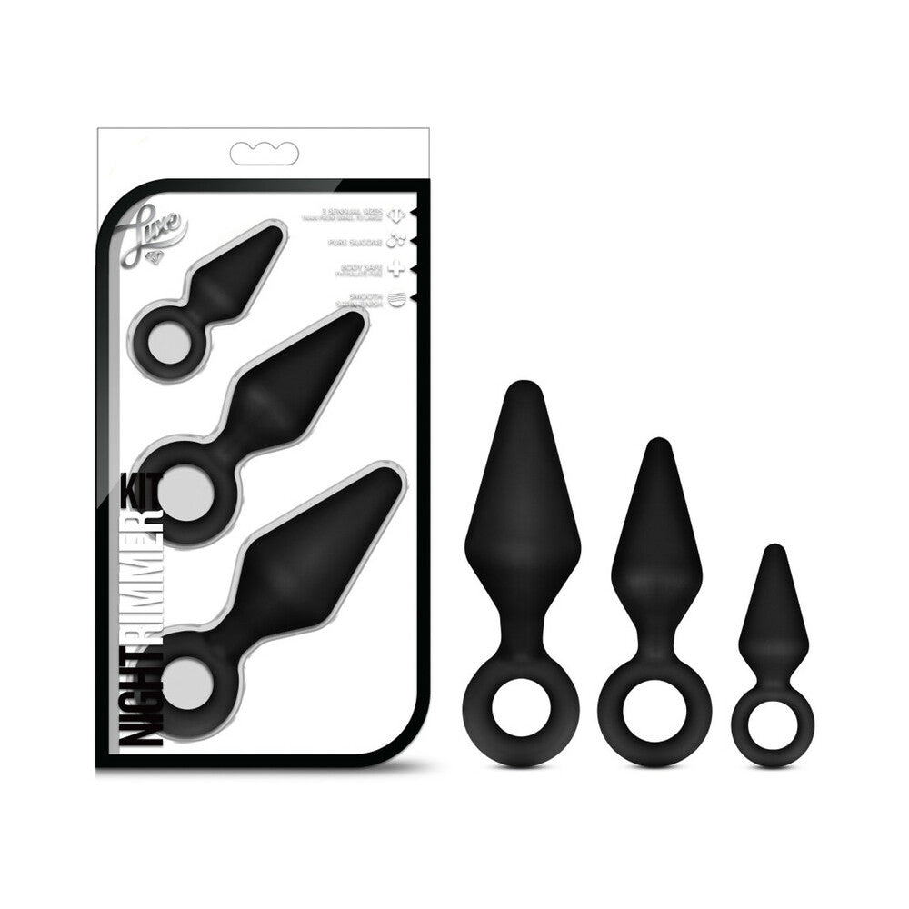 Blush Luxe Night Rimmer 3-Piece Silicone Anal Plug Kit Black - Red Garter