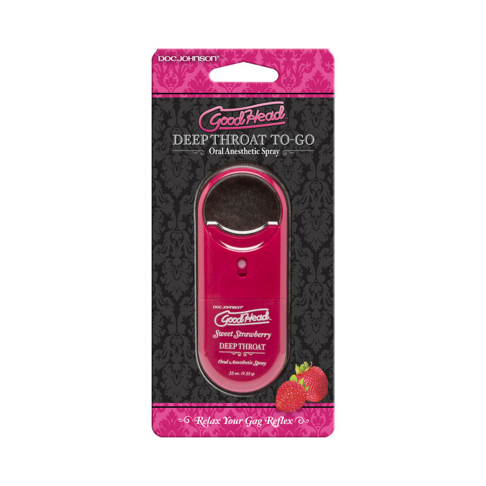 Doc Johnson Goodhead to Go deep throat spray in sweet strawberry flavor, 0.33oz, designed for couples.