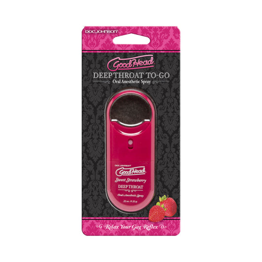Doc Johnson Goodhead to Go deep throat spray in sweet strawberry flavor, 0.33oz, designed for couples.