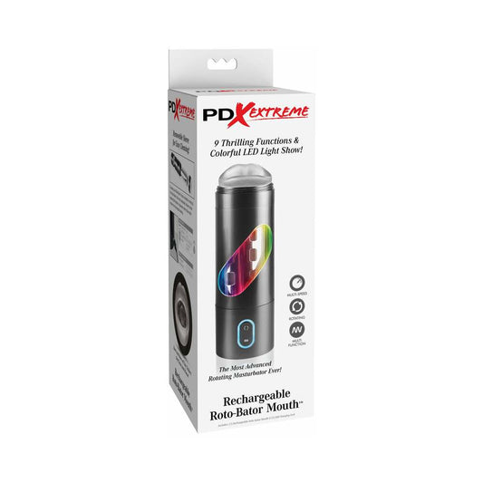PDX Rechargeable Roto-Bator Mouth Light-Up Rotating Stroker Clear/Black - Red Garter