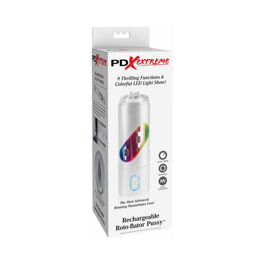 PDX Rechargeable Roto-Bator Pussy Light-Up Rotating Stroker Clear/White - Red Garter