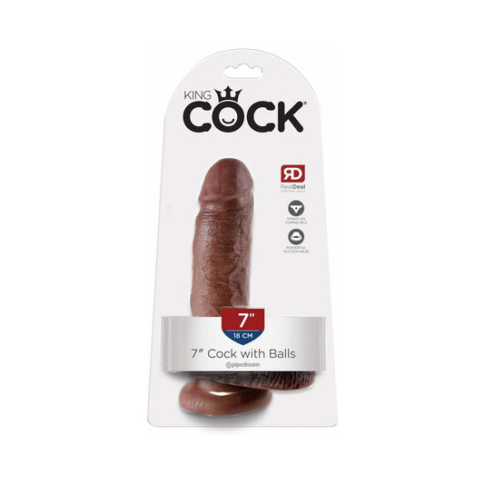 Pipedream King Cock 7 in. Cock With Balls Realistic Suction Cup Dildo Brown - Red Garter