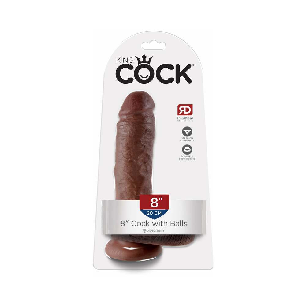 Pipedream King Cock 8 in. Cock With Balls Realistic Suction Cup Dildo Brown - Red Garter