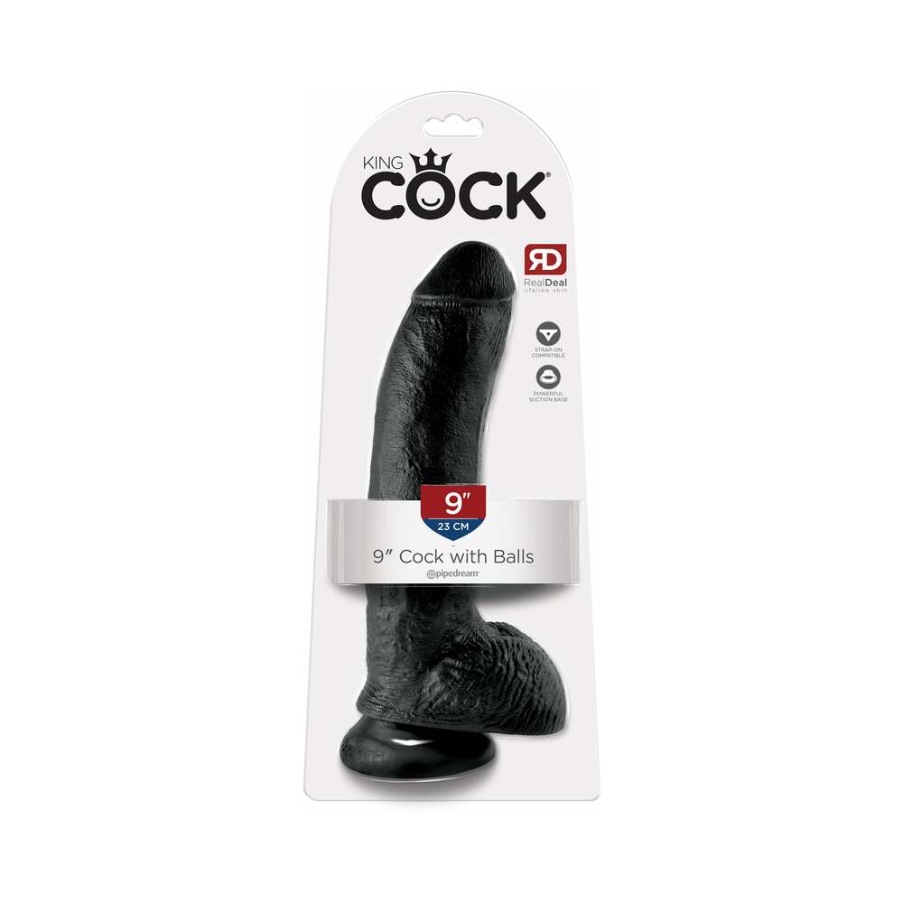 Pipedream King Cock 9 in. Cock With Balls Realistic Suction Cup Dildo Black - Red Garter